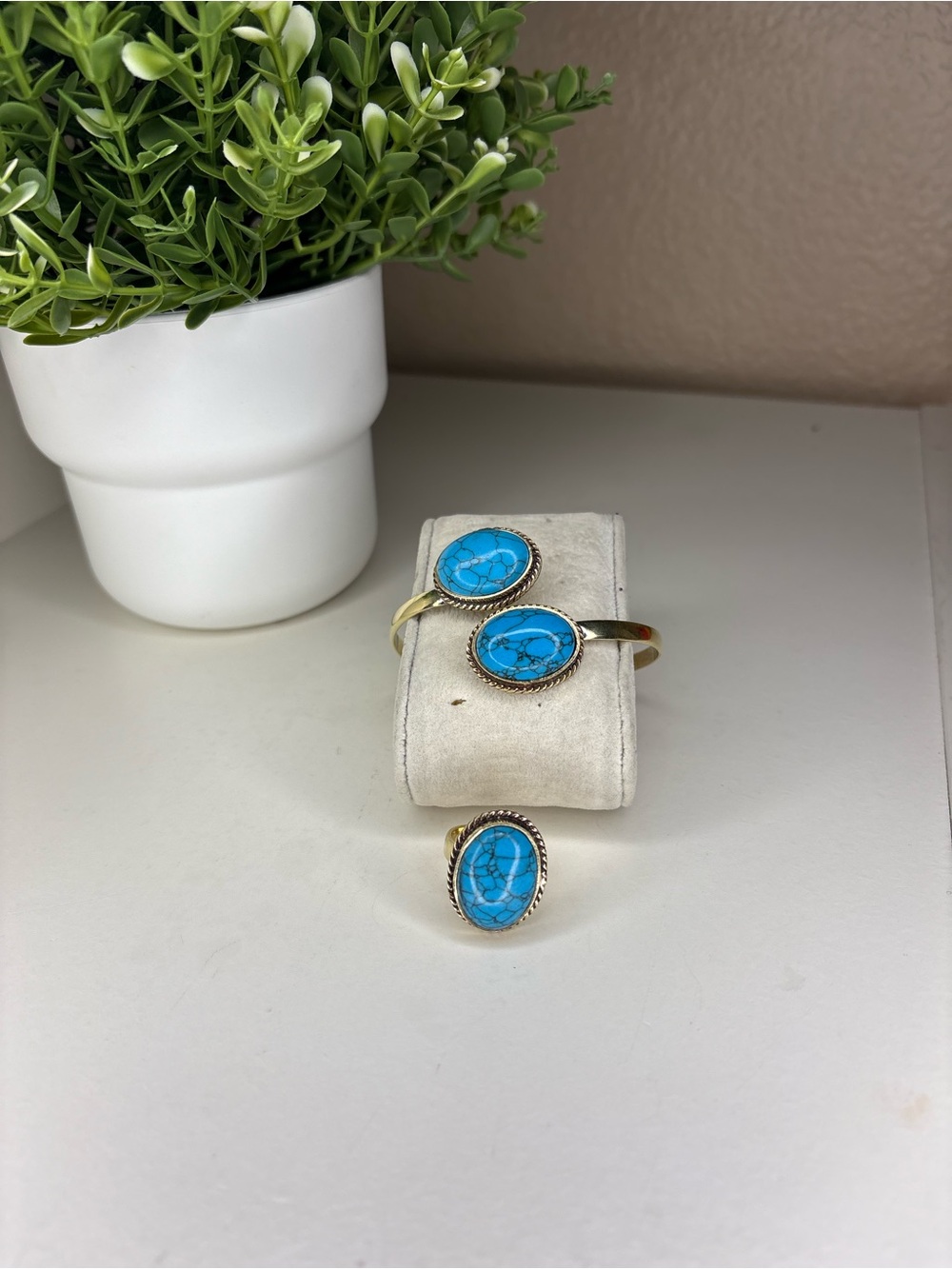 Boho Faux Turquoise Gold Tone Cuff Bracelet Ring Set Western Cowgirl
